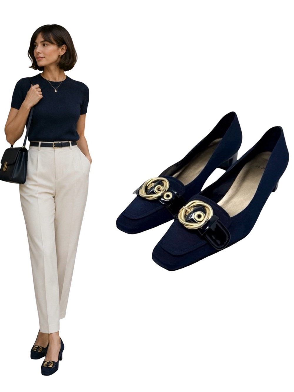 St. John Navy Pumps Patent Leather Buckle Gold Accent Capsule Wardrobe Neutral